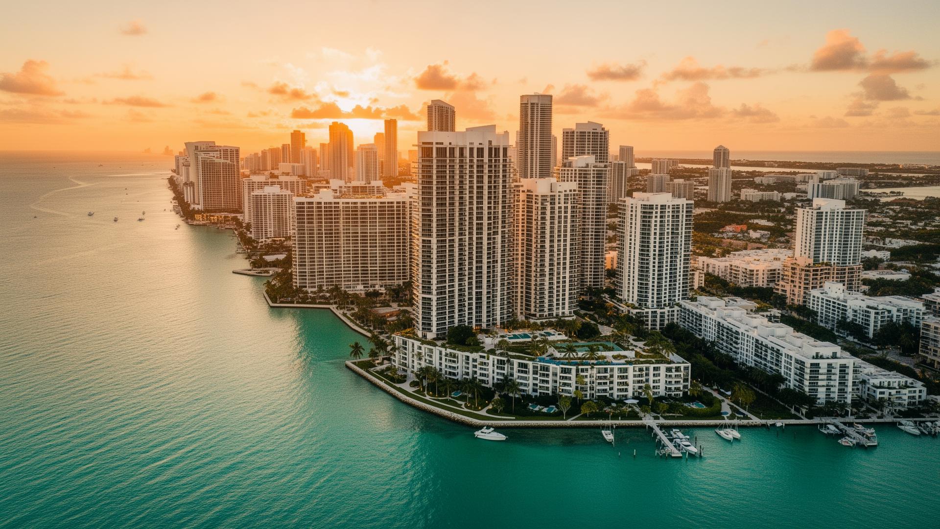 Skyline de Miami al atardecer representando oportunidades de inversión inmobiliaria en Florida